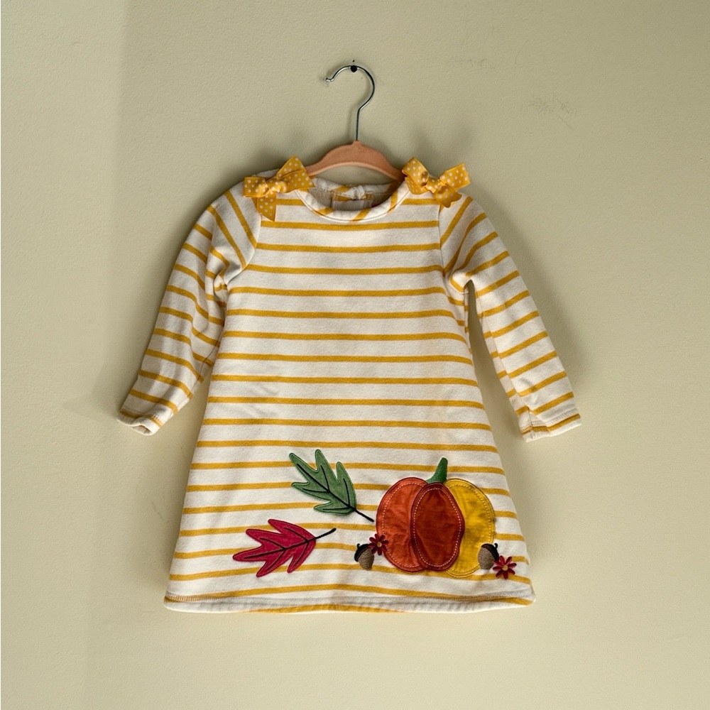 GOOD LAD - Toddler Yellow and White Dress with Pumpkin Embroidered Design